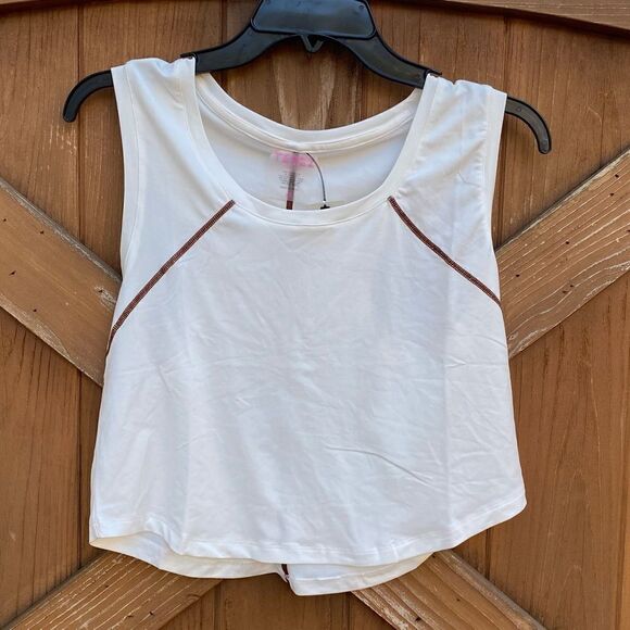 Terez Ivory WorkIt Cropped Crewneck Racerback Tank Top w/Brown Piping Medium NWT - Picture 1 of 5
